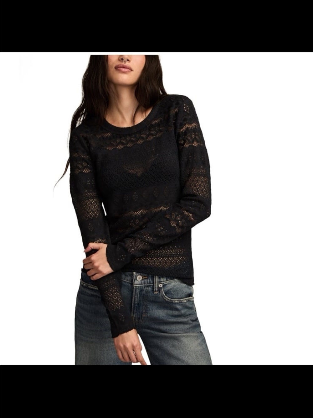NWT lucky brand women’s lace detail long sleeve top color caviar size M